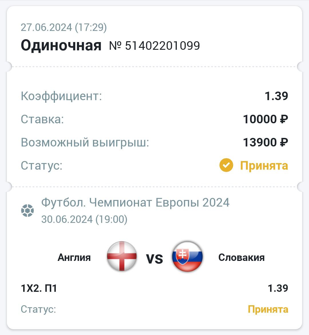 Сделать ставку на матч Англия Словакия 30.06.2024