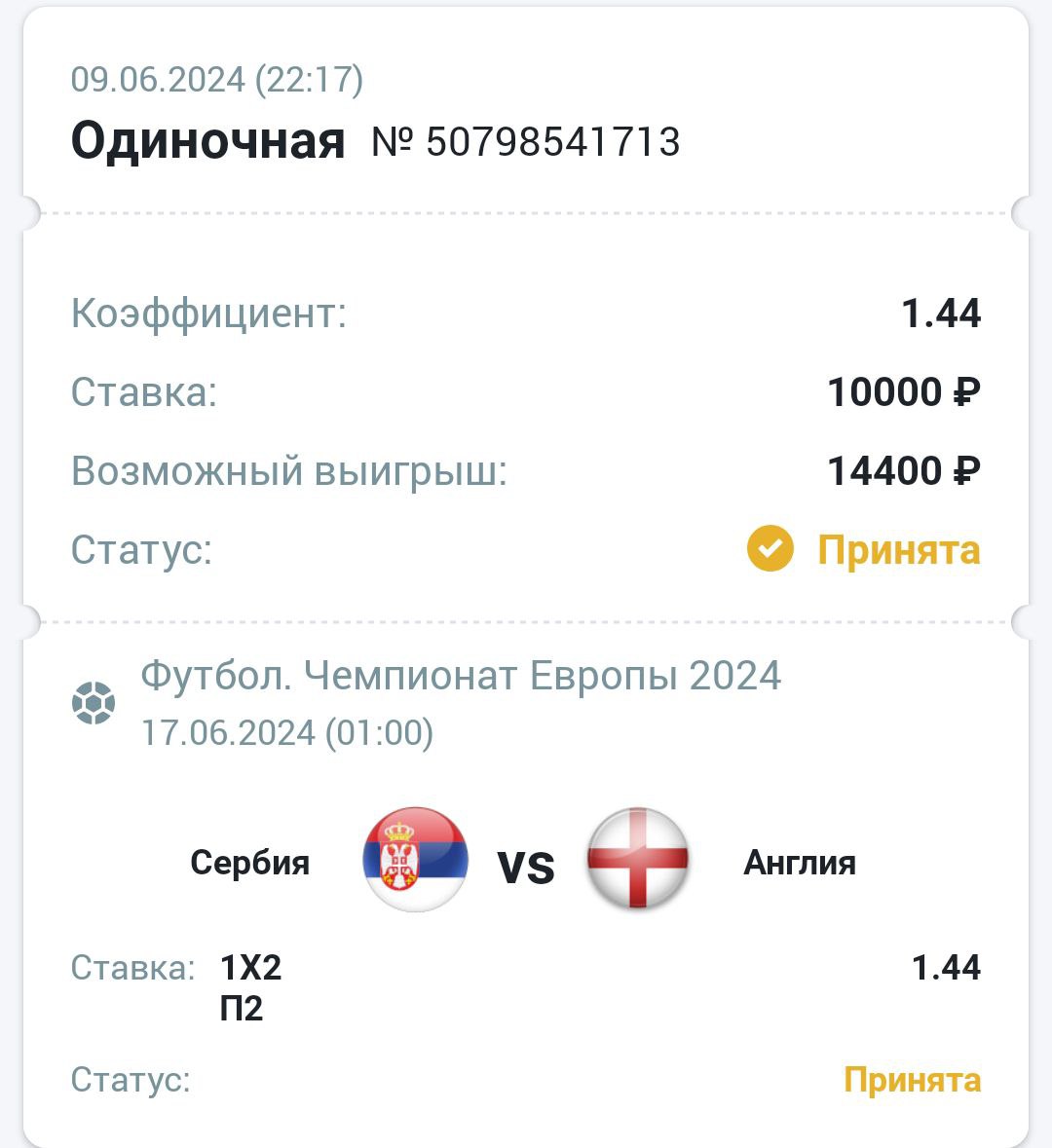 Сделать ставку на матч Сербия Англия 16.06.2024