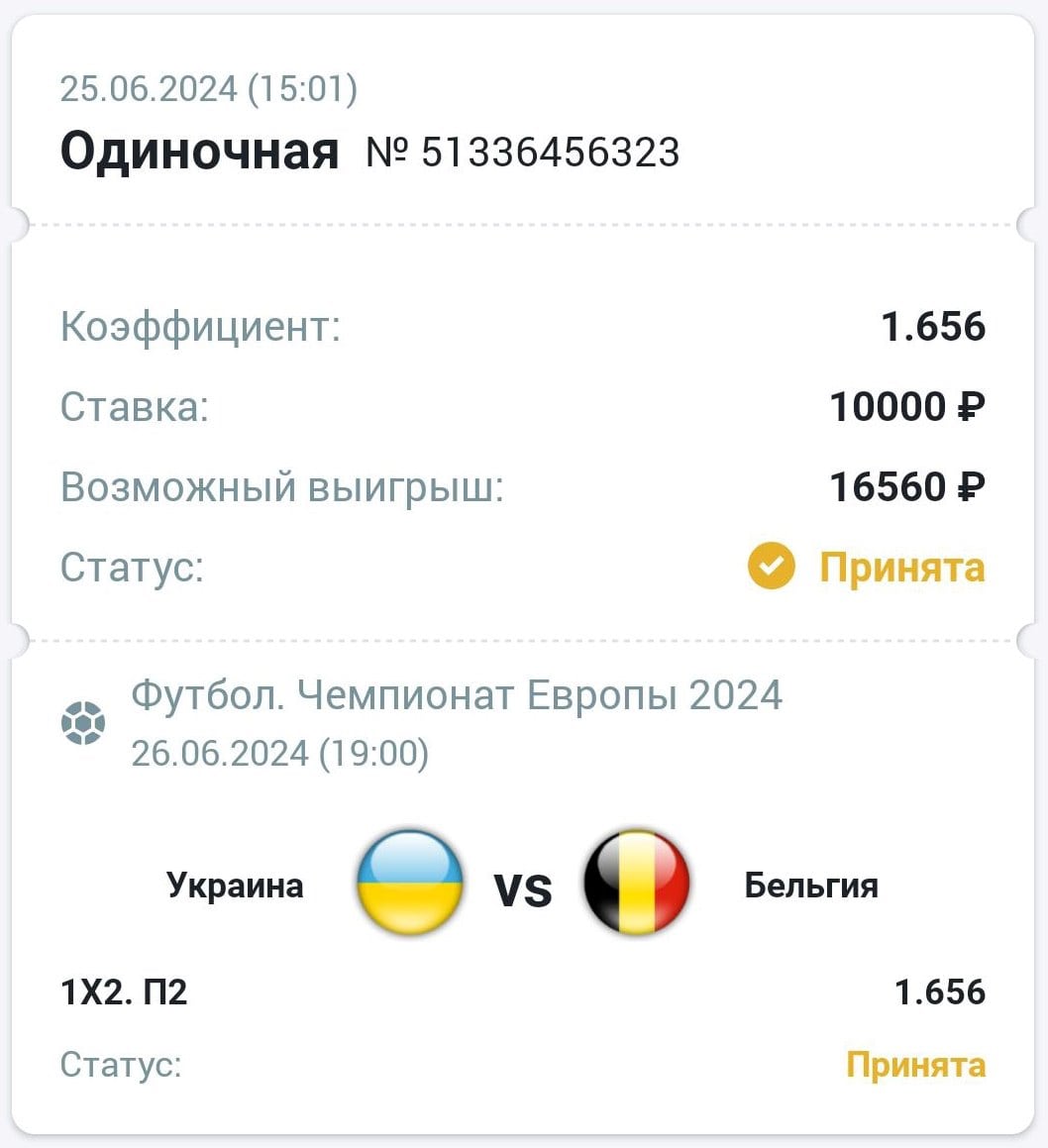 Сделать ставку на матч Украина Бельгия 26.06.2024